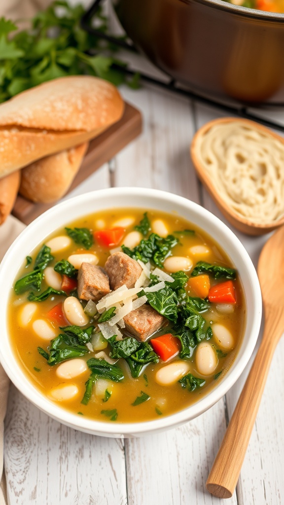 Hearty Sausage, White Bean & Kale Soup Recipe A bowl of sausage, white bean, and kale soup garnished with Parmesan cheese, with a rustic wooden spoon and bread in a cozy kitchen.